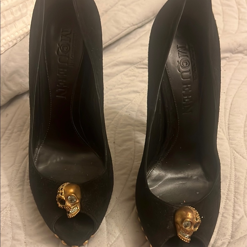 Alexander McQueen Black Skull Peep Toe Heels